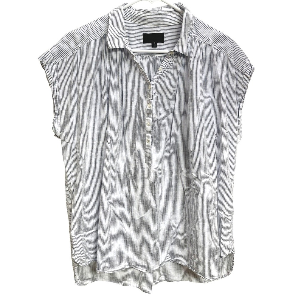 Nili Lotan Normandy Tunic Top Oversized White Blue Striped Cotton Sleeve Size S